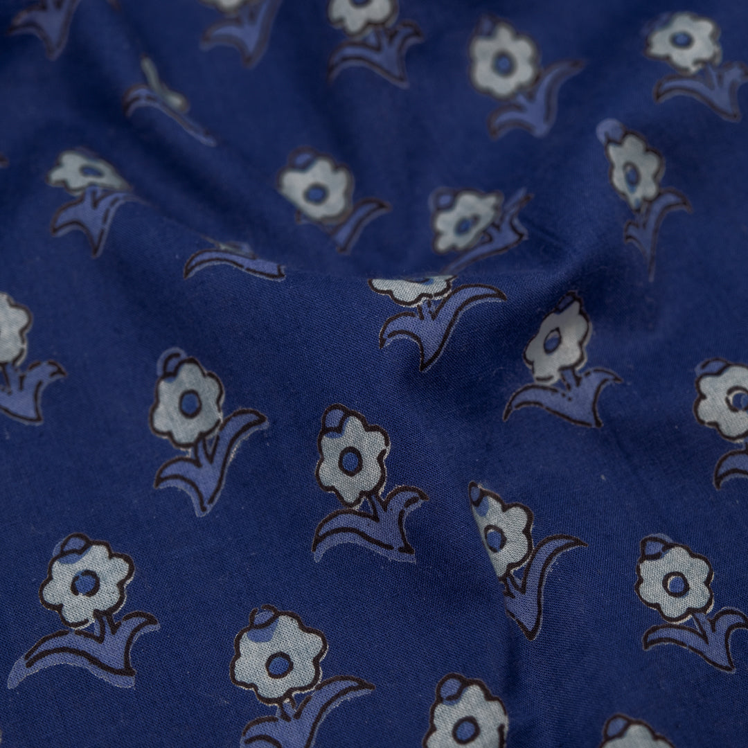 Bloom Block Printed Organic Cotton Batiste - Indigo/Bluestone/Mist | Blackbird Fabrics