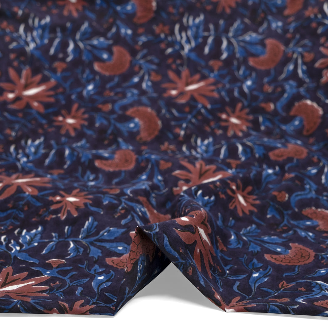 Tapestry Block Printed Organic Cotton Batiste - Raven/Rosewood/Ocean | Blackbird Fabrics