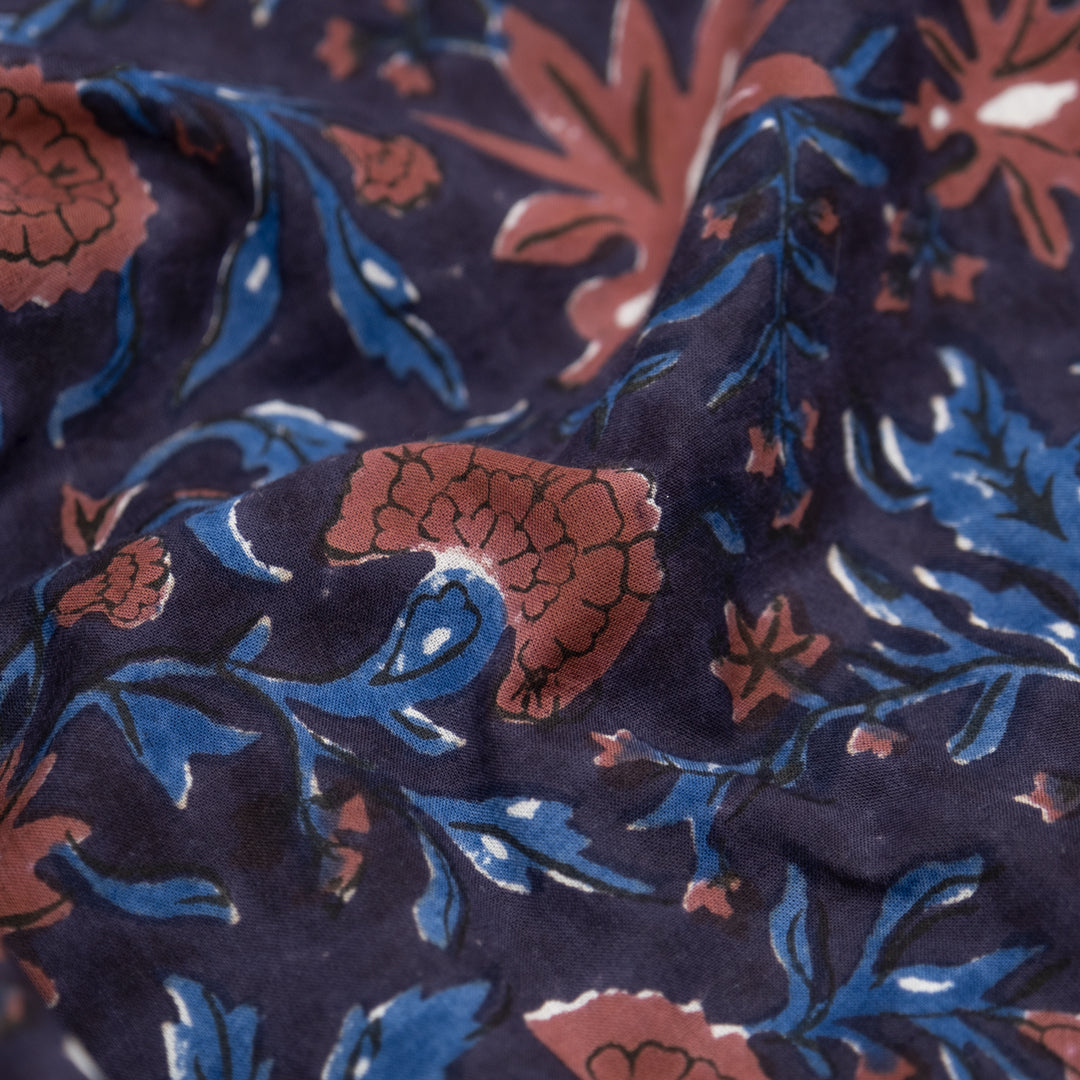 Tapestry Block Printed Organic Cotton Batiste - Raven/Rosewood/Ocean | Blackbird Fabrics