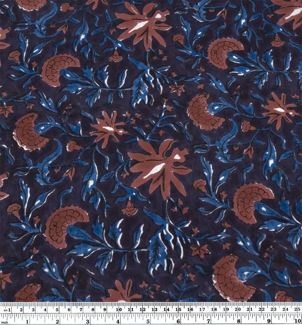Tapestry Block Printed Organic Cotton Batiste - Raven/Rosewood/Ocean | Blackbird Fabrics