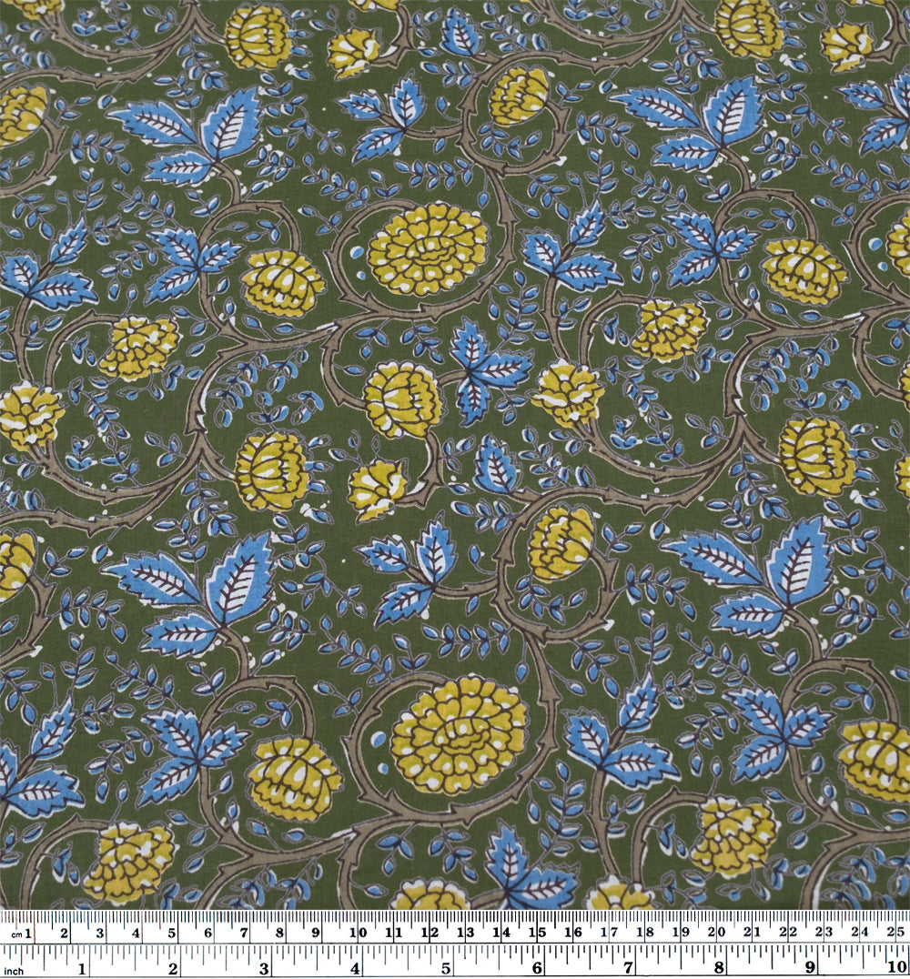 Tapestry Block Printed Organic Cotton Batiste - Chive/Pond/Wheat | Blackbird Fabrics