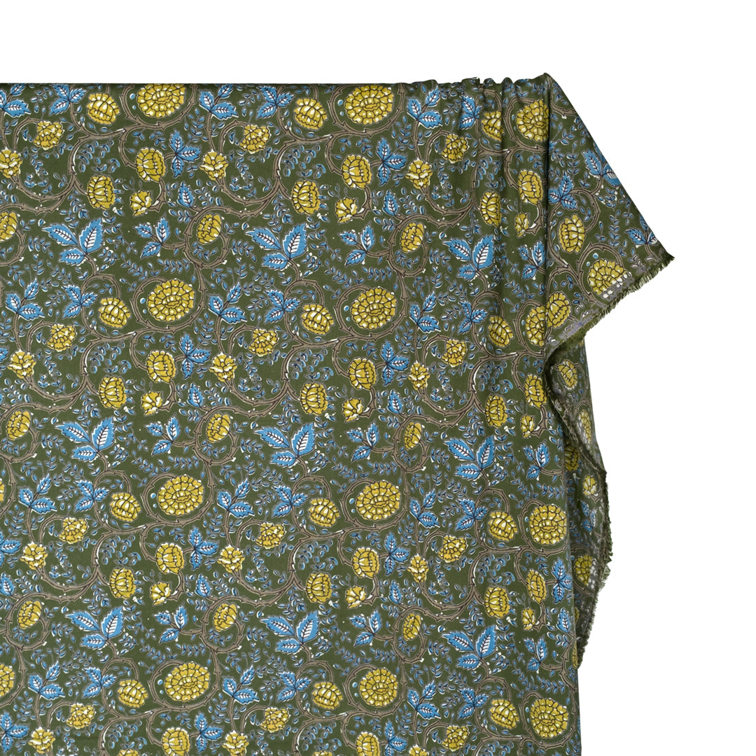 Tapestry Block Printed Organic Cotton Batiste - Chive/Pond/Wheat | Blackbird Fabrics