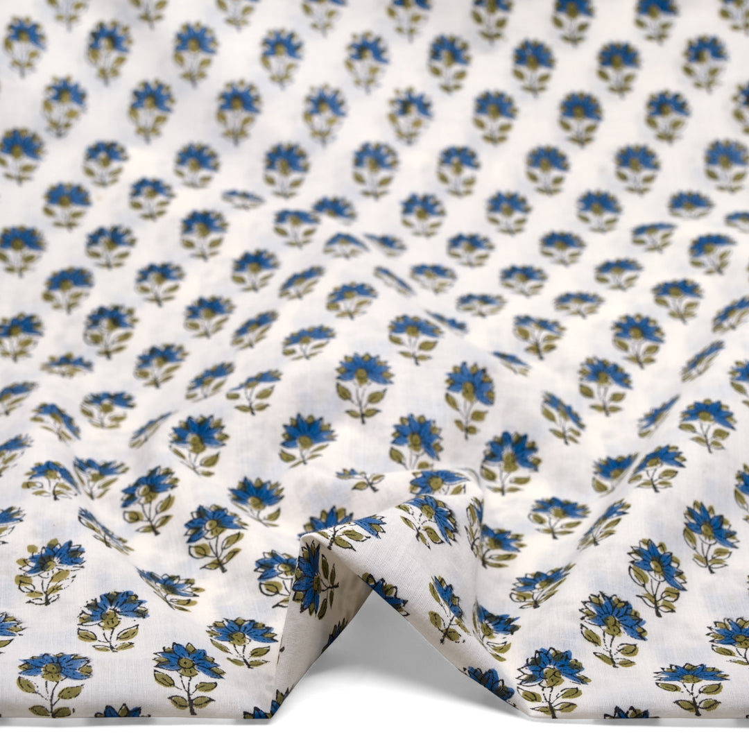 Bloom Block Printed Organic Cotton Batiste - White/Marlin/Sage | Blackbird Fabrics