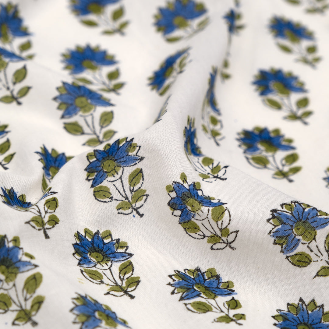 Bloom Block Printed Organic Cotton Batiste - White/Marlin/Sage | Blackbird Fabrics
