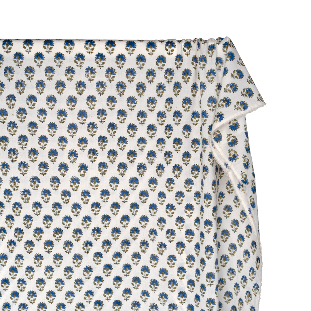 Bloom Block Printed Organic Cotton Batiste - White/Marlin/Sage | Blackbird Fabrics