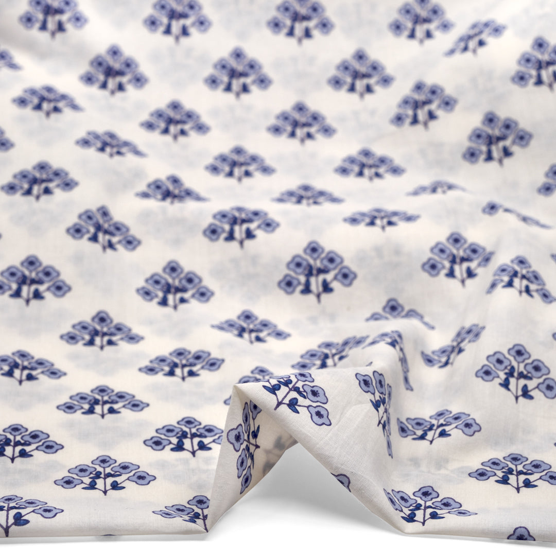 Bloom Block Printed Organic Cotton Batiste - White/Periwinkle/Grape | Blackbird Fabrics