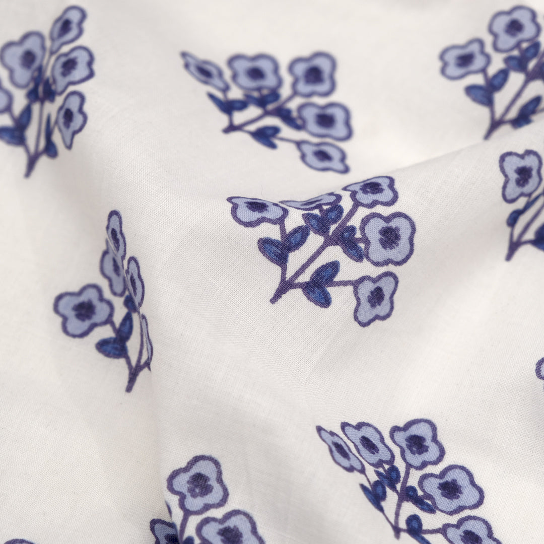 Bloom Block Printed Organic Cotton Batiste - White/Periwinkle/Grape | Blackbird Fabrics