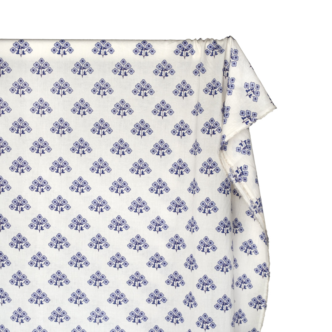 Bloom Block Printed Organic Cotton Batiste - White/Periwinkle/Grape | Blackbird Fabrics
