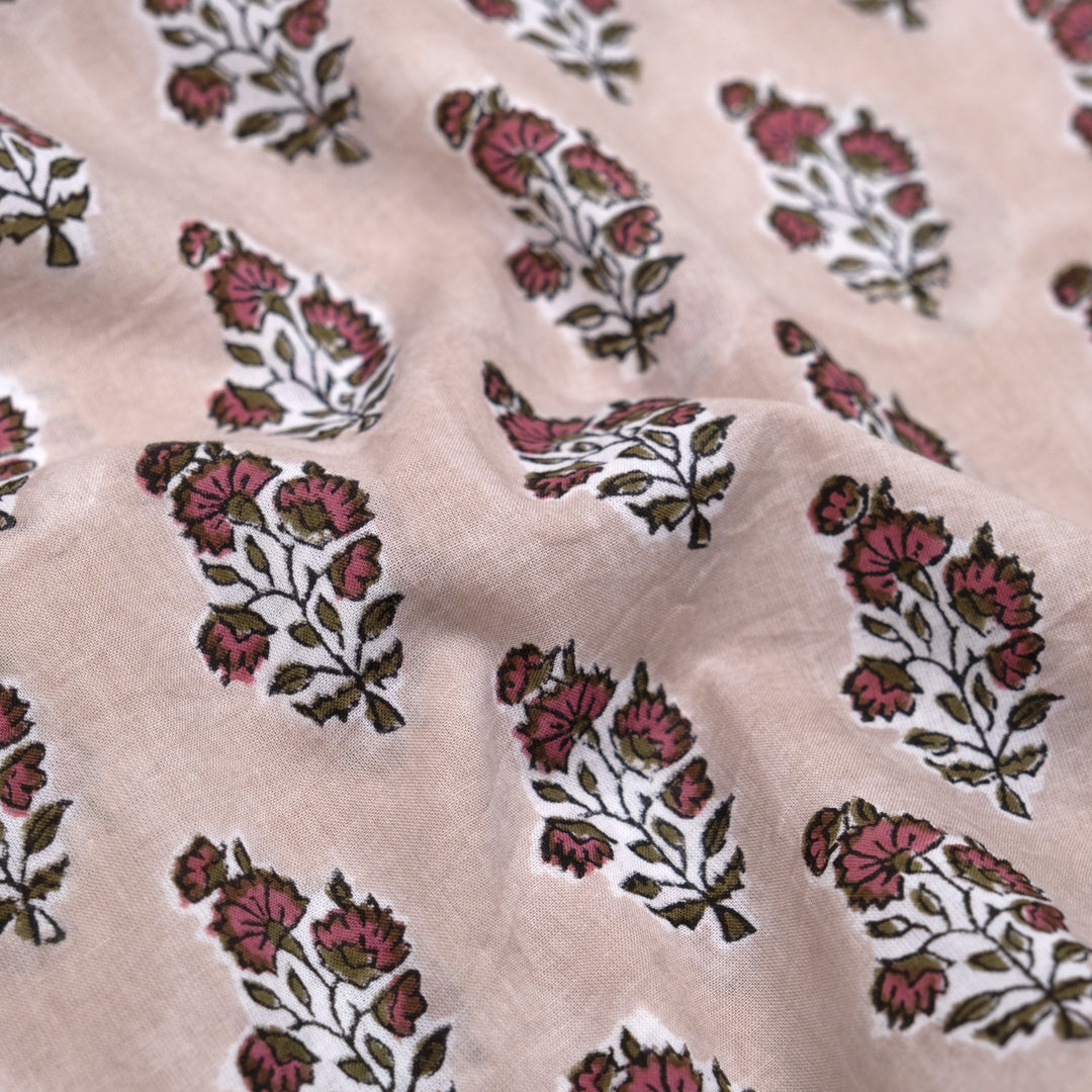Bloom Block Printed Organic Cotton Batiste - Pumice/Wild Rose/Olive Drab | Blackbird Fabrics