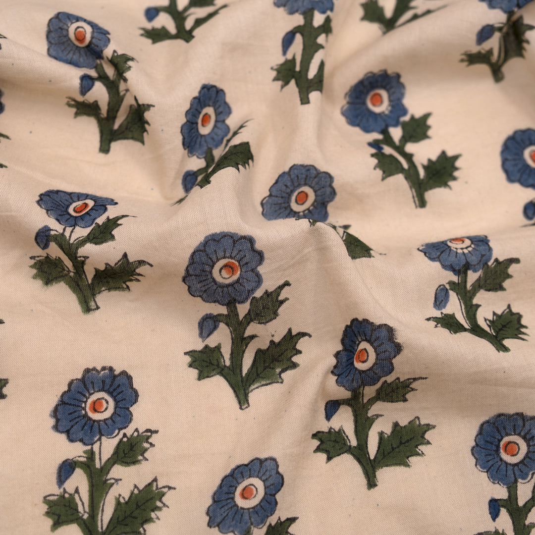 Bloom Block Printed Organic Cotton Batiste - Shell/Denim/Pine | Blackbird Fabrics