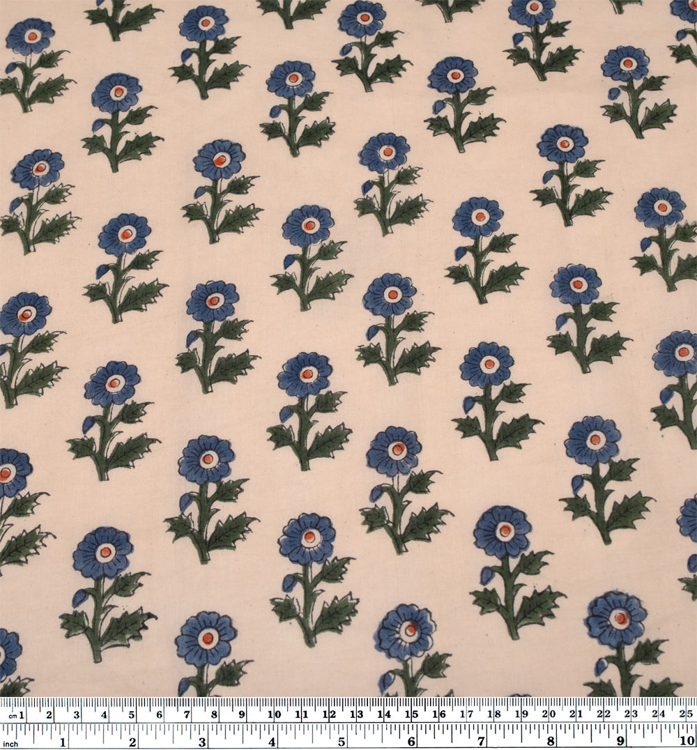 Bloom Block Printed Organic Cotton Batiste - Shell/Denim/Pine | Blackbird Fabrics