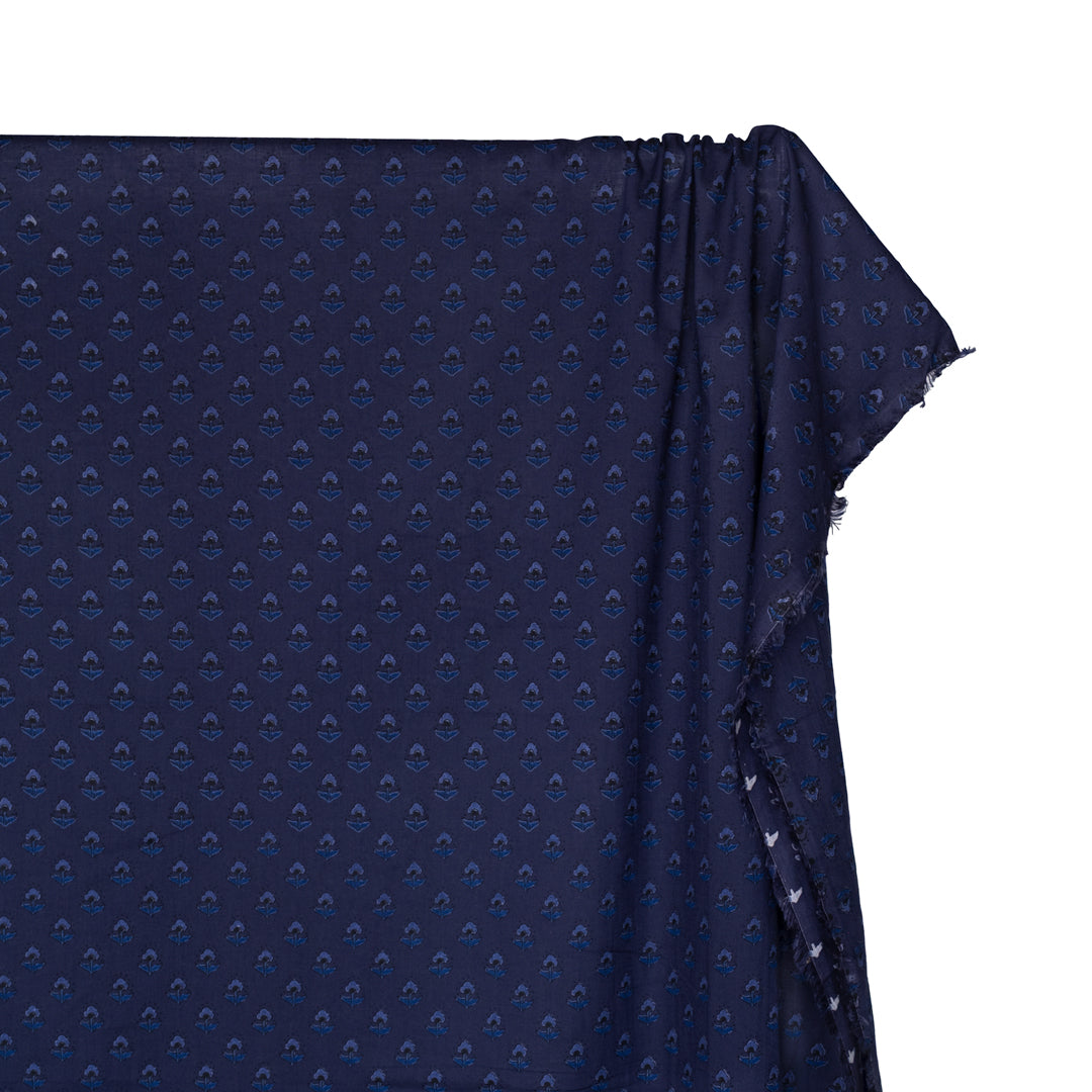 Bloom Block Printed Organic Cotton Batiste - Midnight Blue/Azure/Fog | Blackbird Fabrics