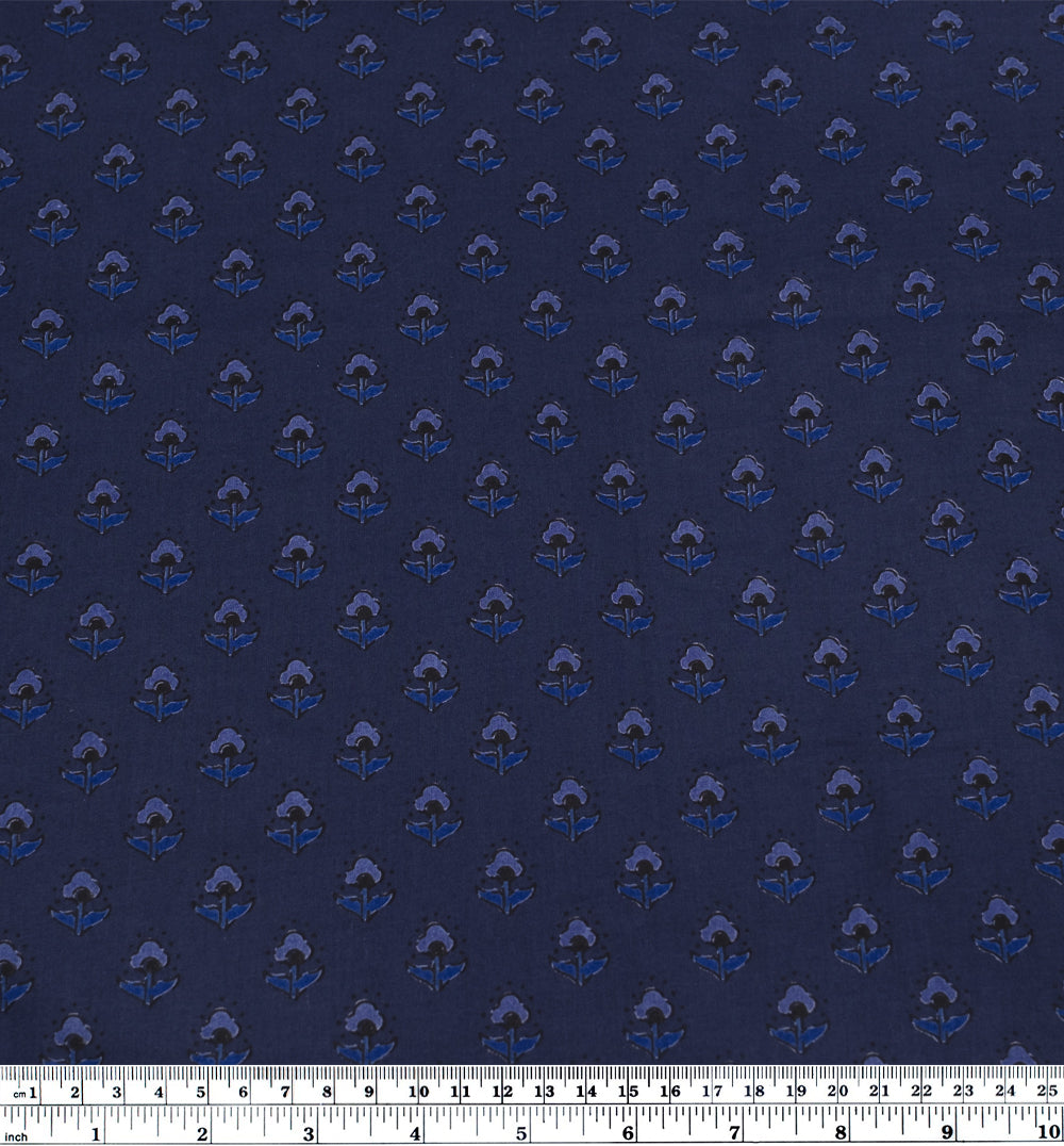 Bloom Block Printed Organic Cotton Batiste - Midnight Blue/Azure/Fog | Blackbird Fabrics