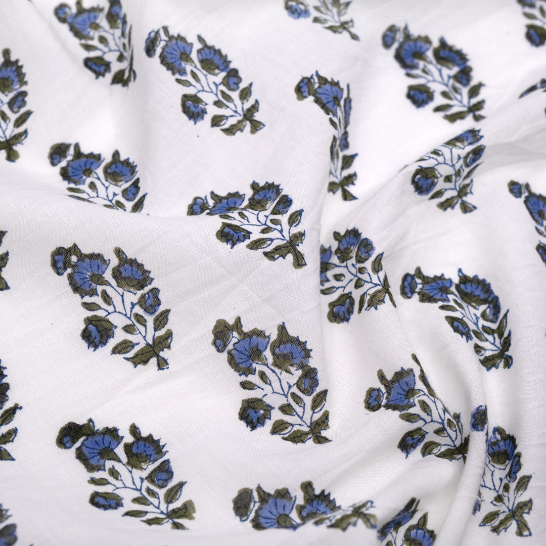 Bloom Block Printed Organic Cotton Batiste - White/Periwinkle/Juniper | Blackbird Fabrics