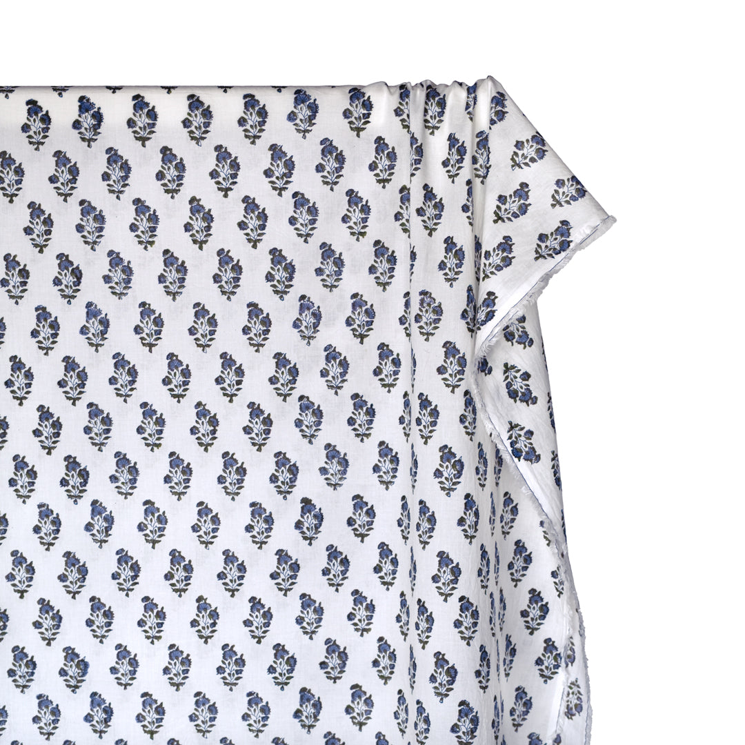 Bloom Block Printed Organic Cotton Batiste - White/Periwinkle/Juniper | Blackbird Fabrics