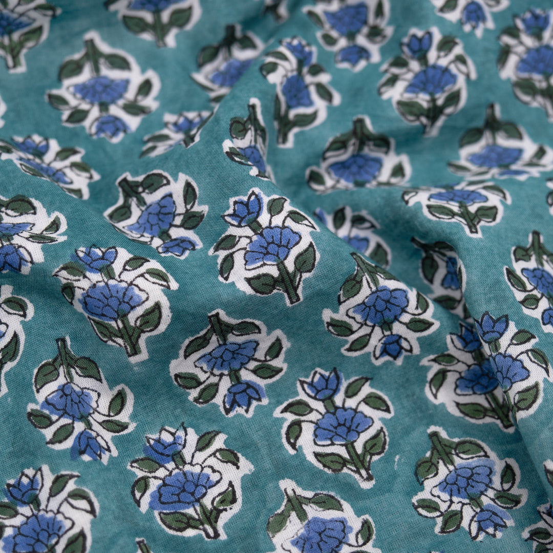 Bloom Block Printed Organic Cotton Batiste - Waterfall/Blue Pool/Pine | Blackbird Fabrics