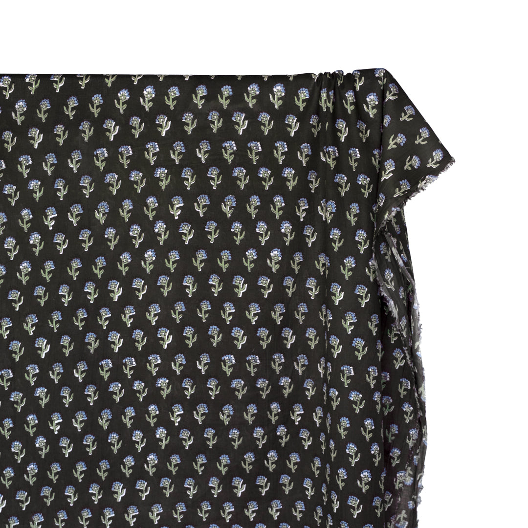 Bloom Block Printed Organic Cotton Batiste - Peat/Eucalyptus/Cornflower | Blackbird Fabrics