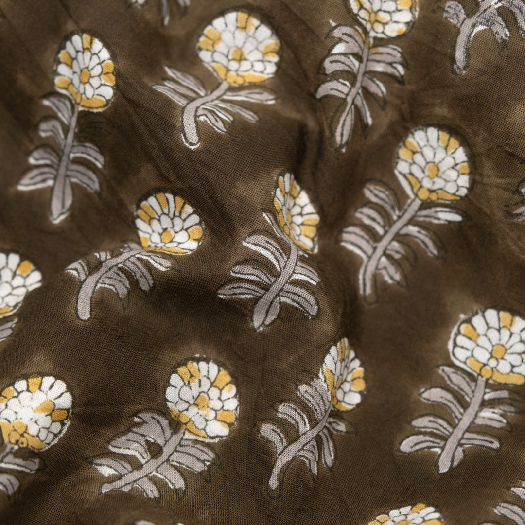 Bloom Block Printed Organic Cotton Batiste - Seaweed/Pebble/Mustard | Blackbird Fabrics