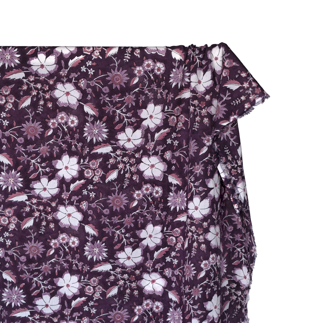 Tapestry Block Printed Organic Cotton Batiste - Blackberry/Fox Glove/White | Blackbird Fabrics