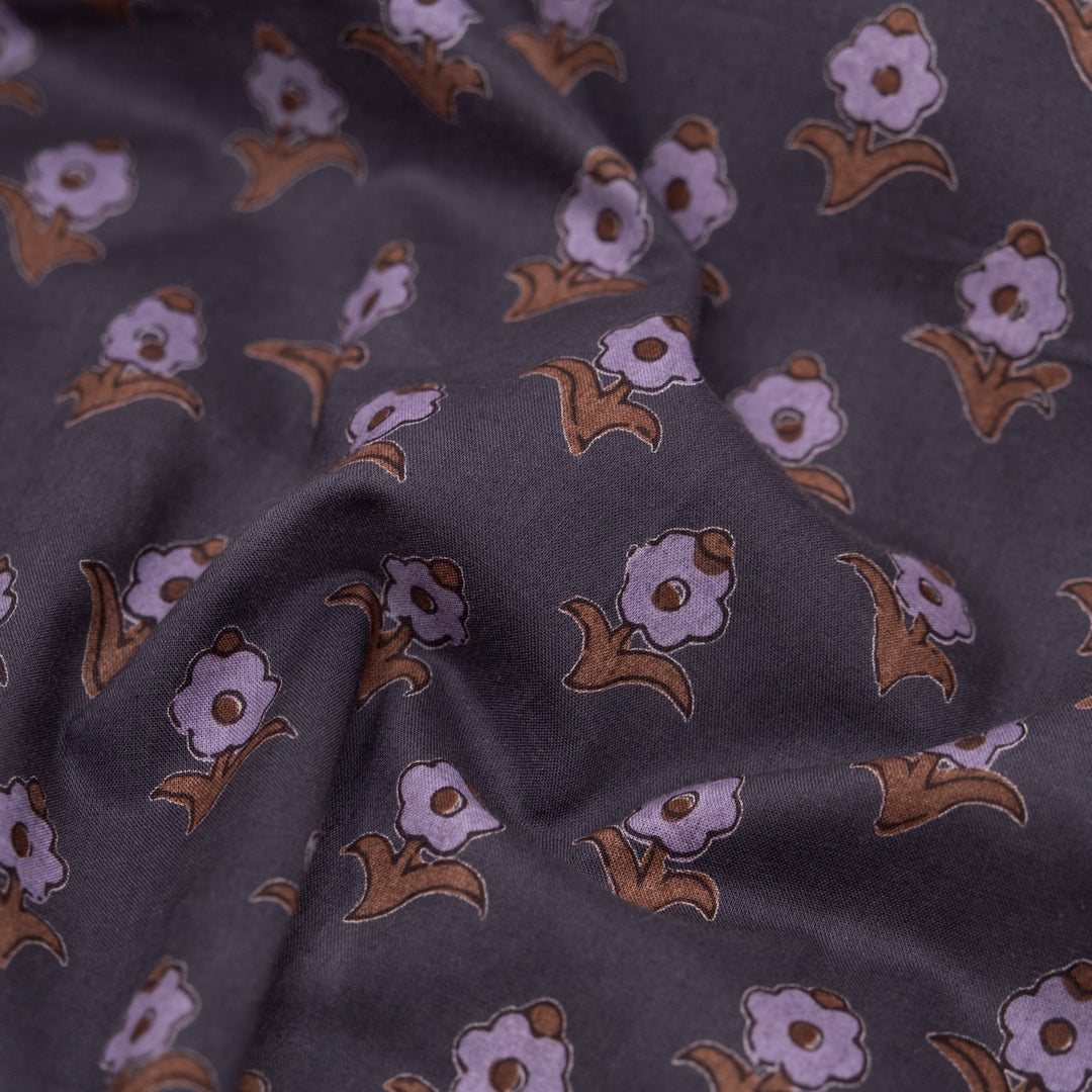Bloom Block Printed Organic Cotton Batiste - Meteorite/Fog/Baked Clay | Blackbird Fabrics