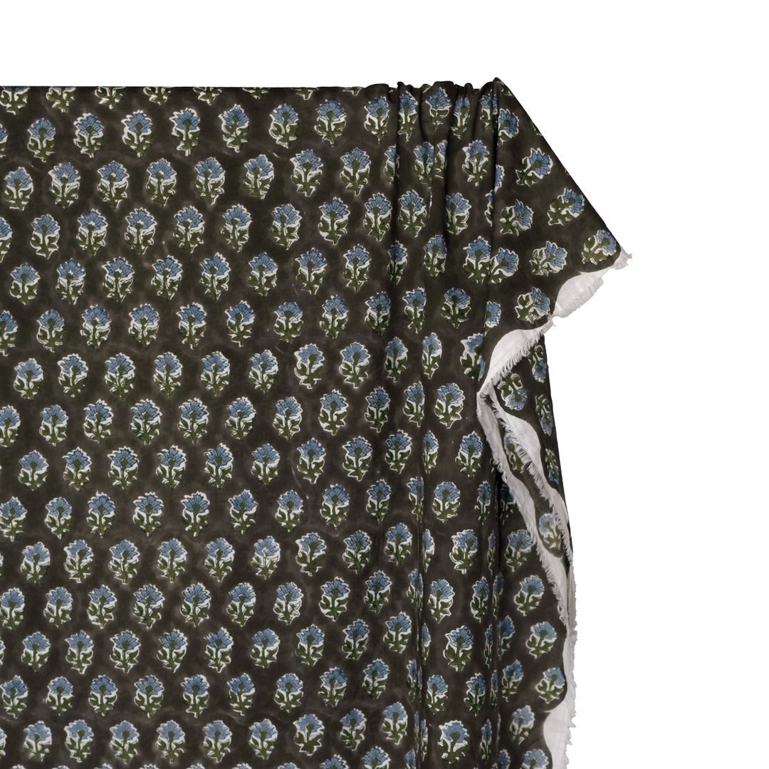 Bloom Block Printed Organic Cotton Batiste - Jasper/Pacific Blue/Caper | Blackbird Fabrics