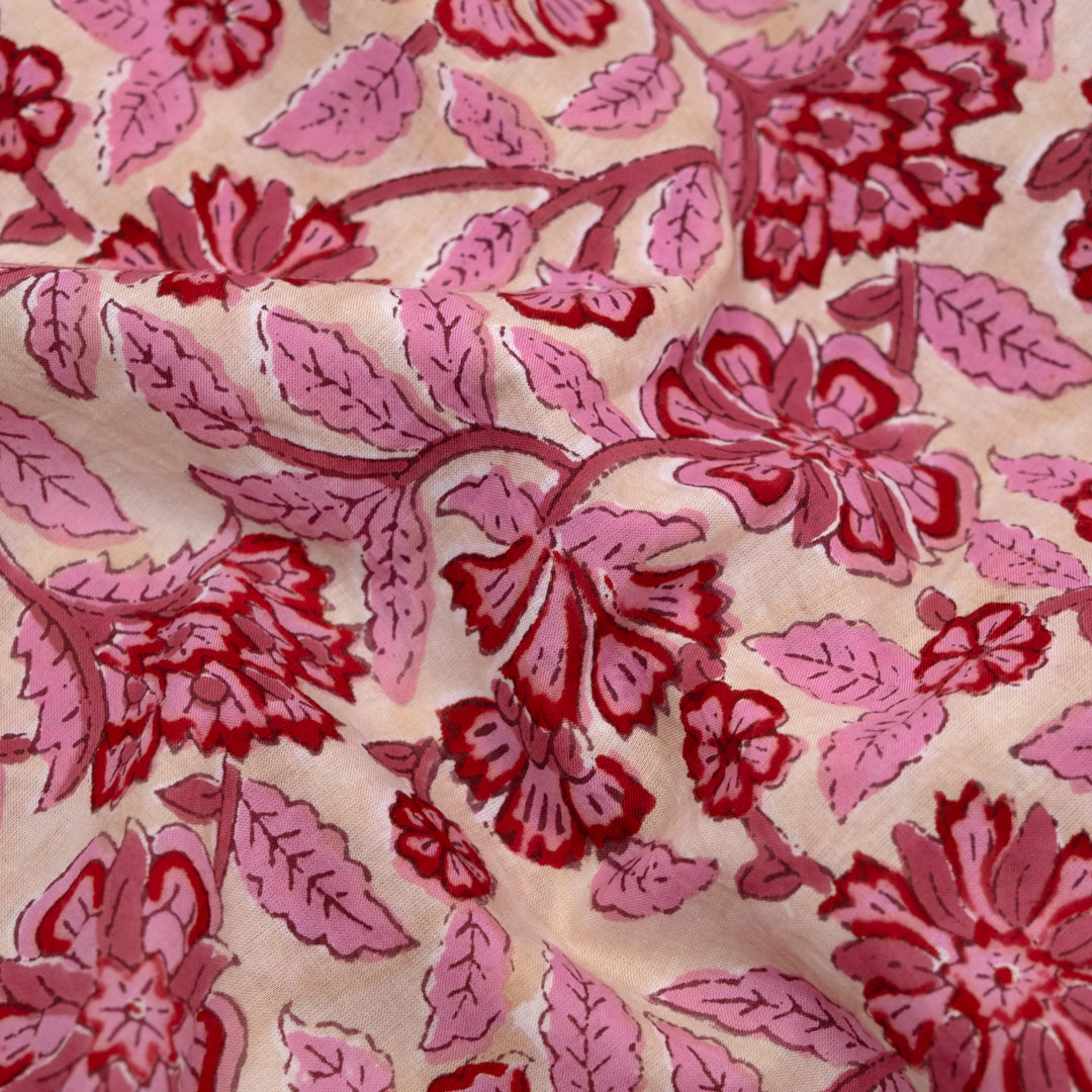 Tapestry Block Printed Organic Cotton Batiste - Bone/Frosting/Crimson | Blackbird Fabrics