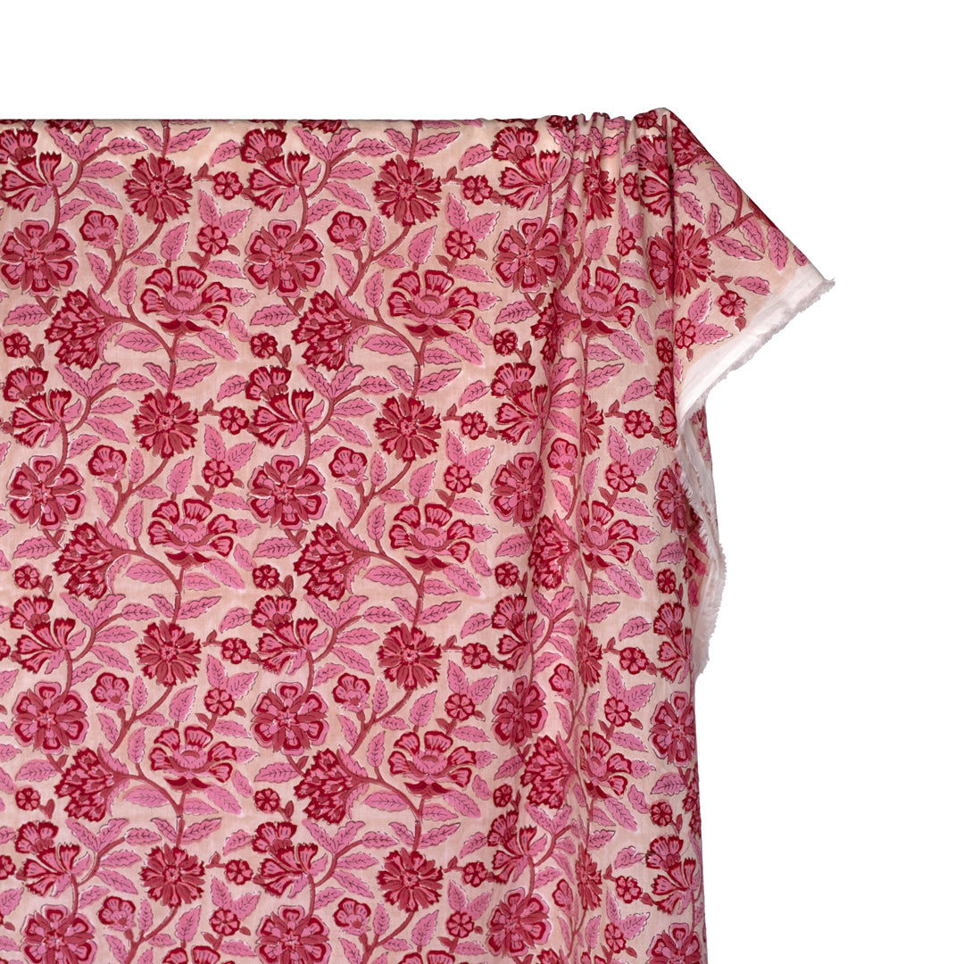 Tapestry Block Printed Organic Cotton Batiste - Bone/Frosting/Crimson | Blackbird Fabrics
