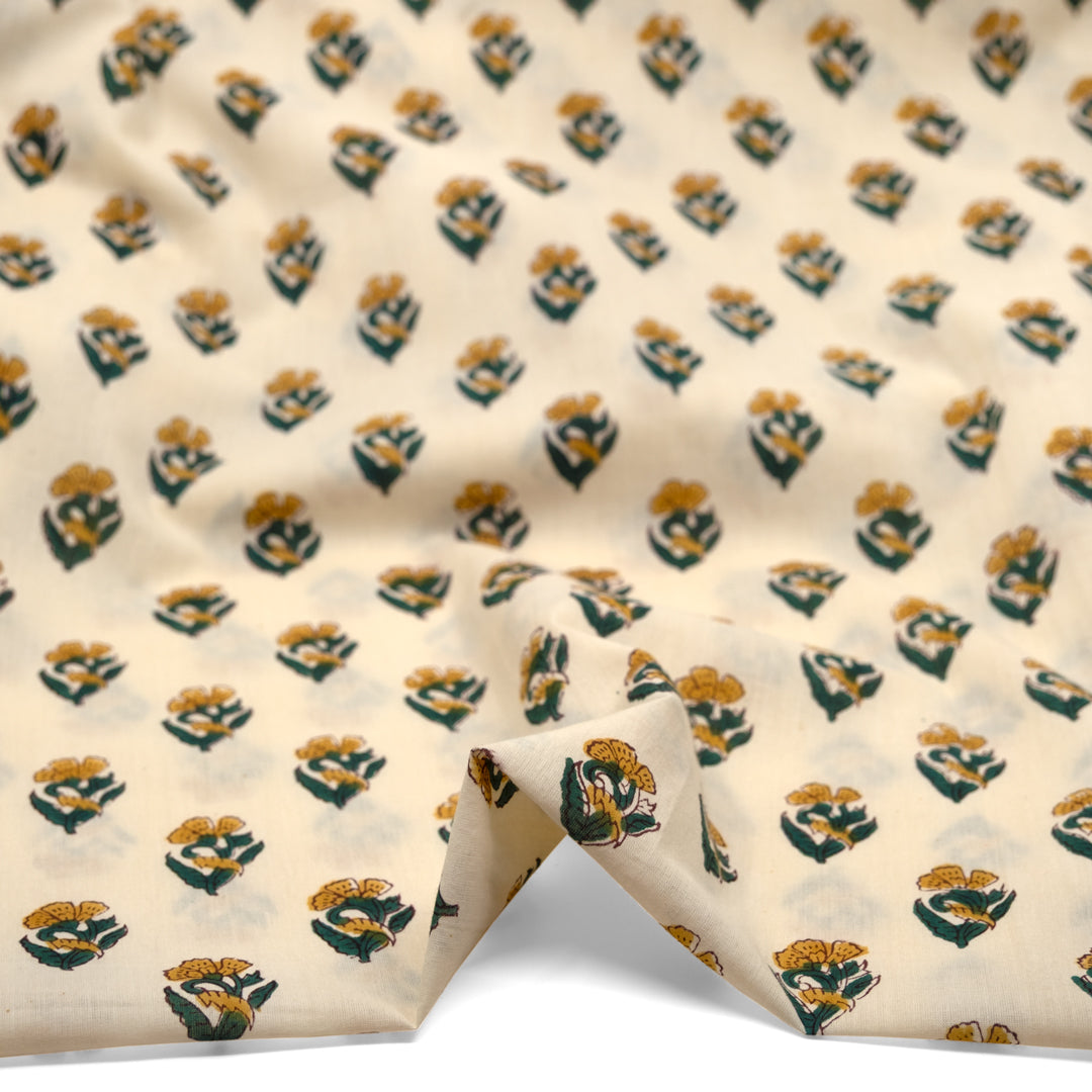 Bloom Block Printed Organic Cotton Batiste - Vanilla/Sunglow/Spruce | Blackbird Fabrics