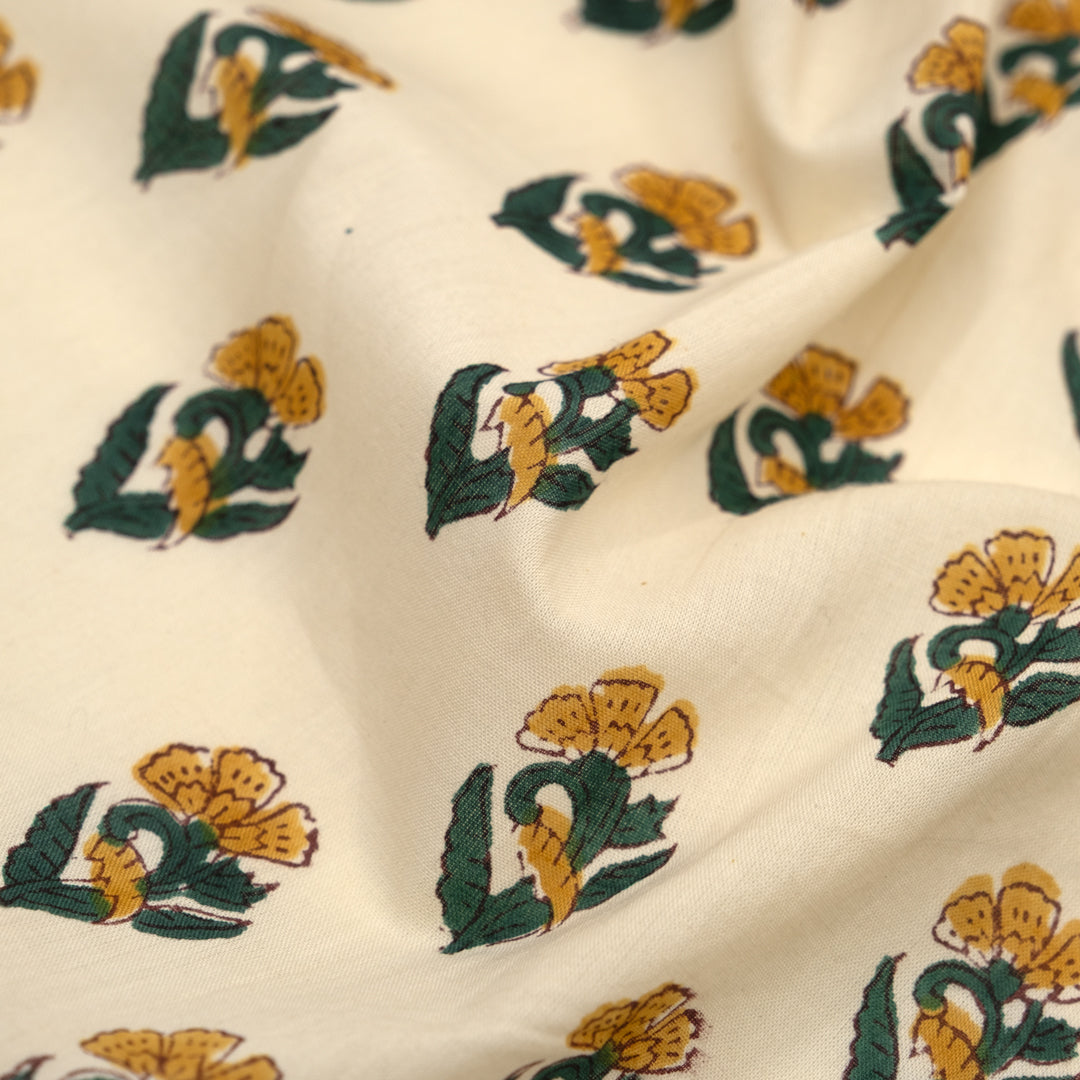 Bloom Block Printed Organic Cotton Batiste - Vanilla/Sunglow/Spruce | Blackbird Fabrics
