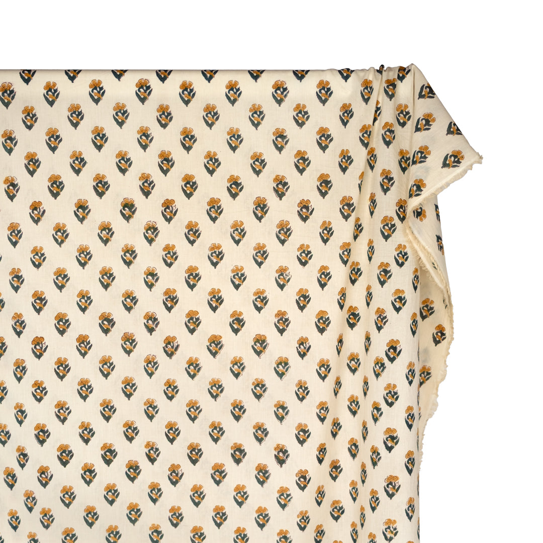 Bloom Block Printed Organic Cotton Batiste - Vanilla/Sunglow/Spruce | Blackbird Fabrics
