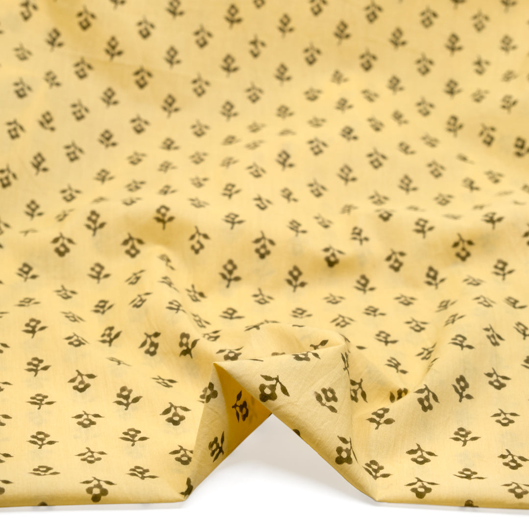 Bloom Block Printed Organic Cotton Batiste - Buttercup/Olive | Blackbird Fabrics