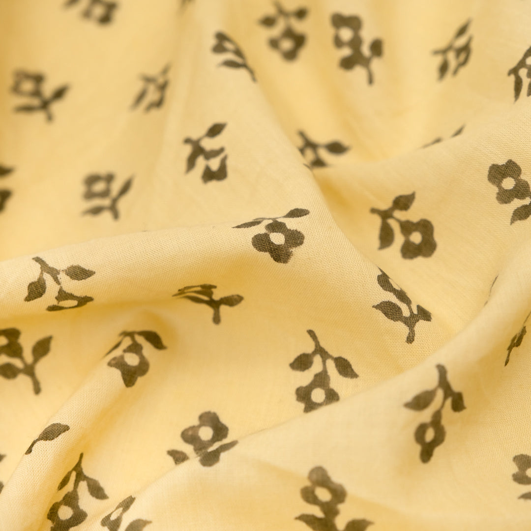 Bloom Block Printed Organic Cotton Batiste - Buttercup/Olive | Blackbird Fabrics