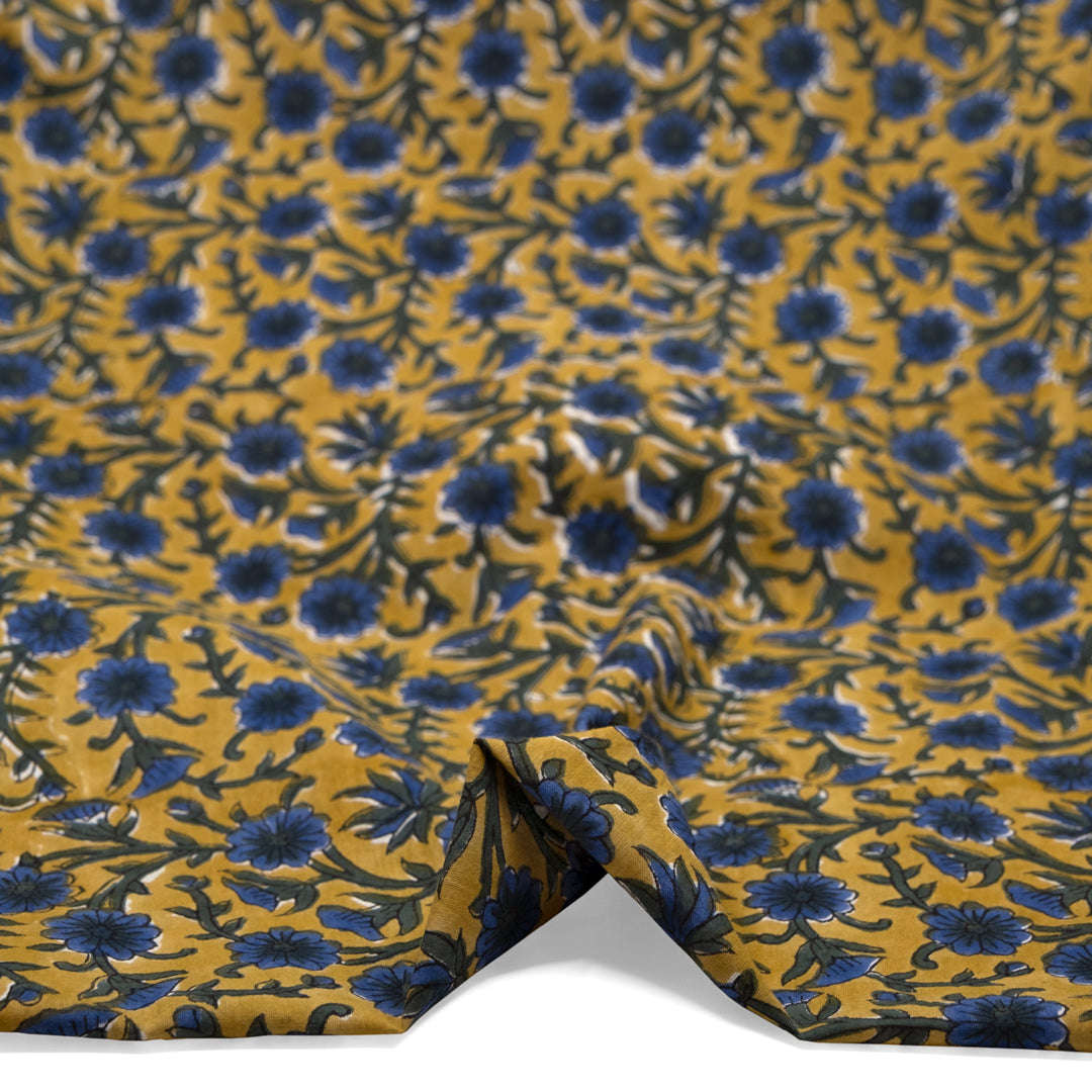 Vine Block Printed Organic Cotton Batiste - Vintage Gold/Hunter Green/Lapis | Blackbird Fabrics