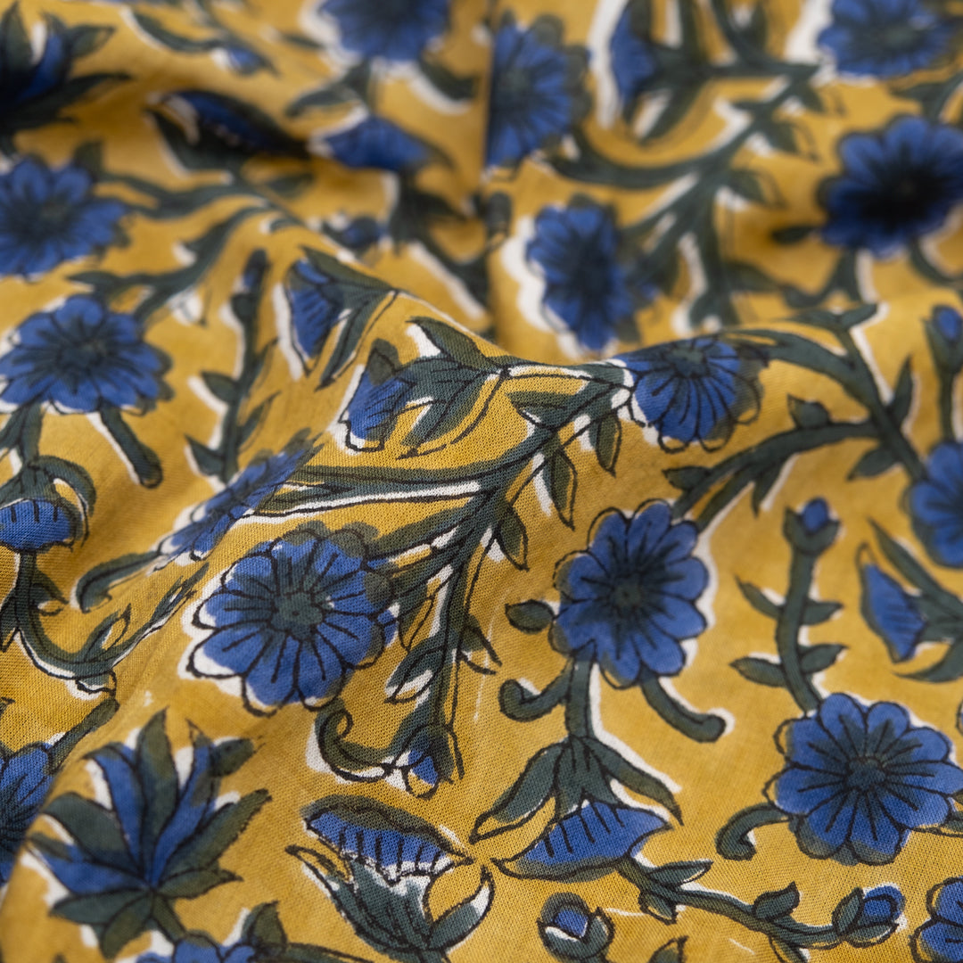 Vine Block Printed Organic Cotton Batiste - Vintage Gold/Hunter Green/Lapis | Blackbird Fabrics
