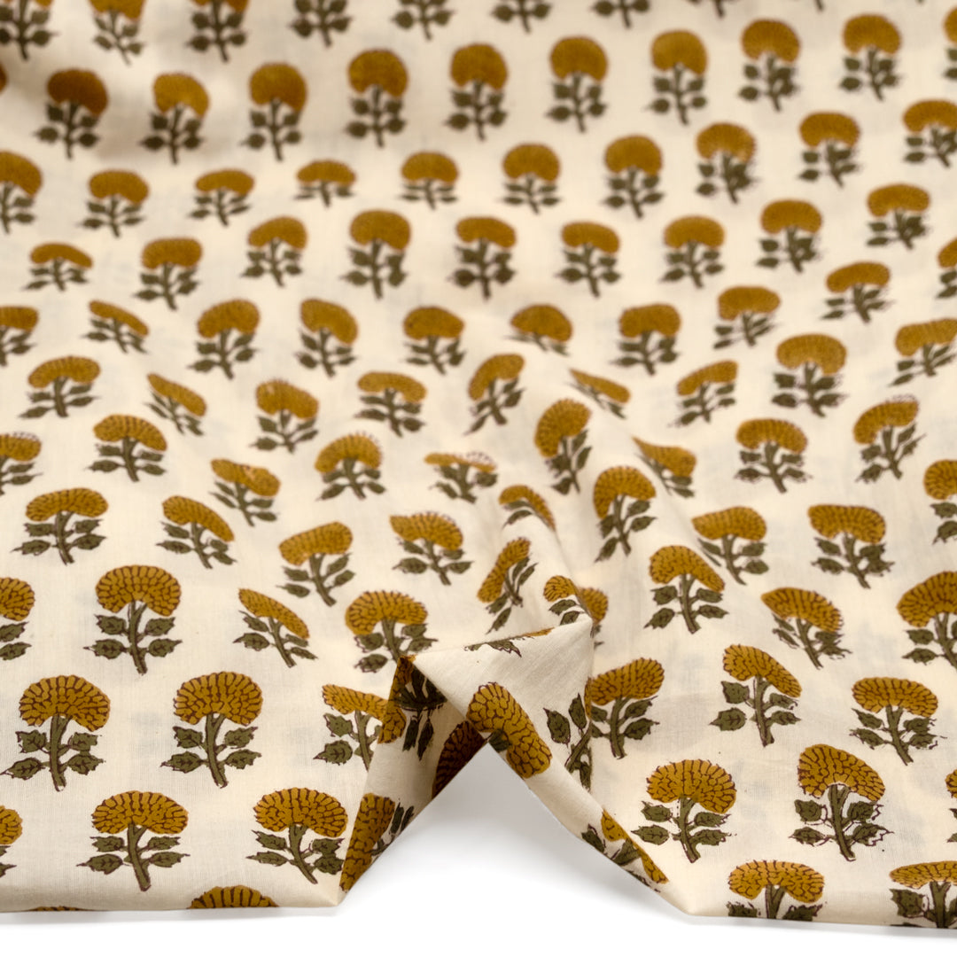 Bloom Block Printed Organic Cotton Batiste - Cream/Ochre/Kale | Blackbird Fabrics