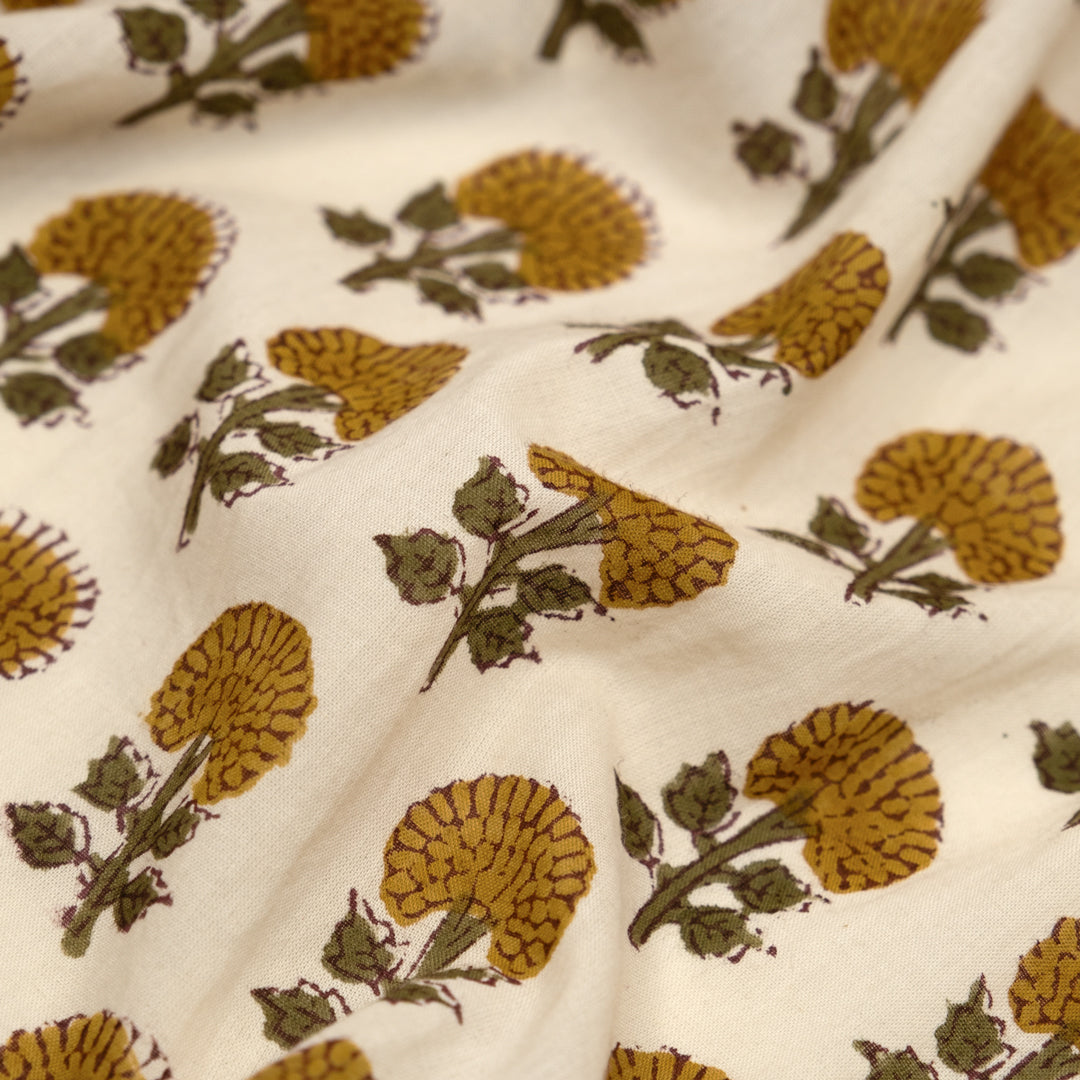 Bloom Block Printed Organic Cotton Batiste - Cream/Ochre/Kale | Blackbird Fabrics