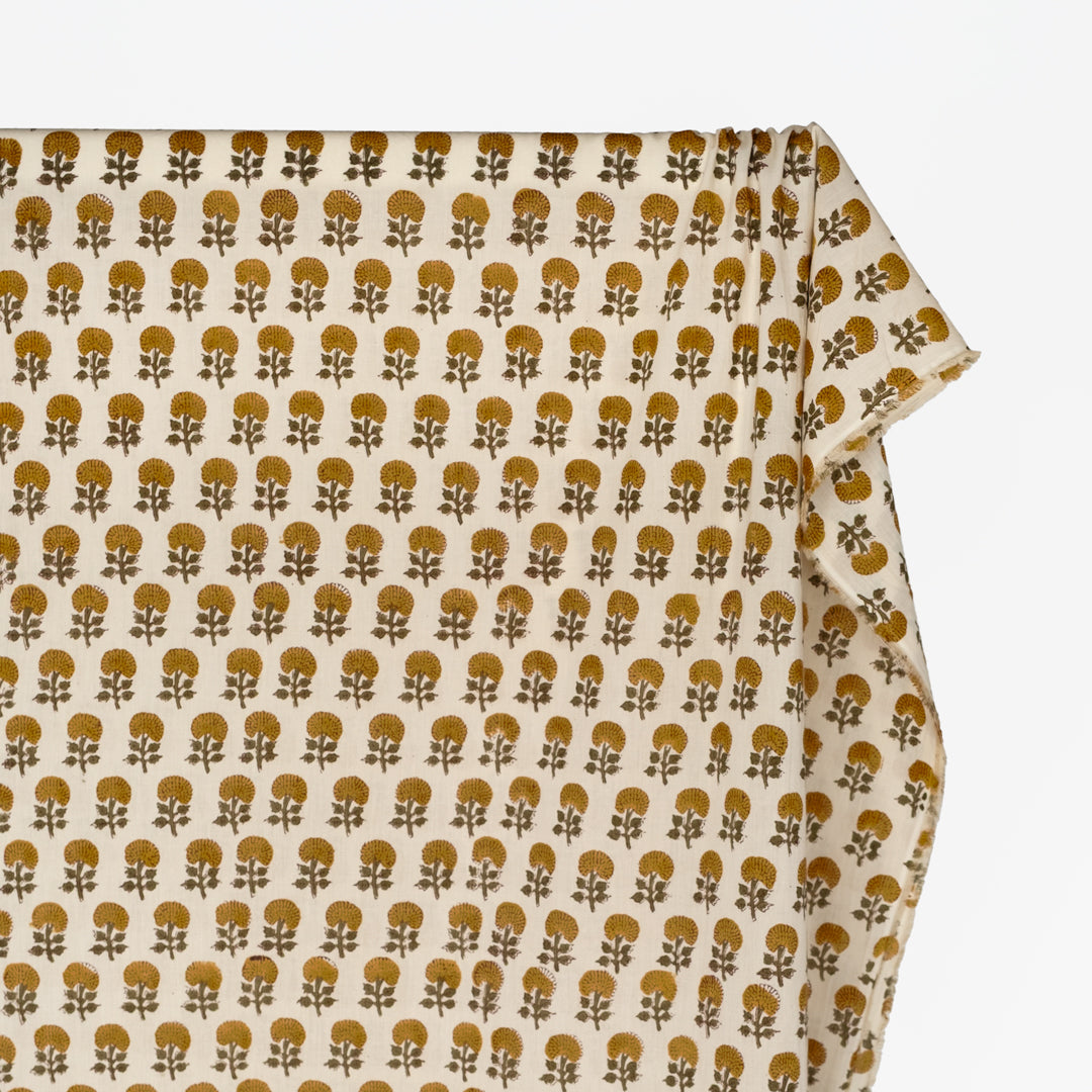 Bloom Block Printed Organic Cotton Batiste - Cream/Ochre/Kale | Blackbird Fabrics