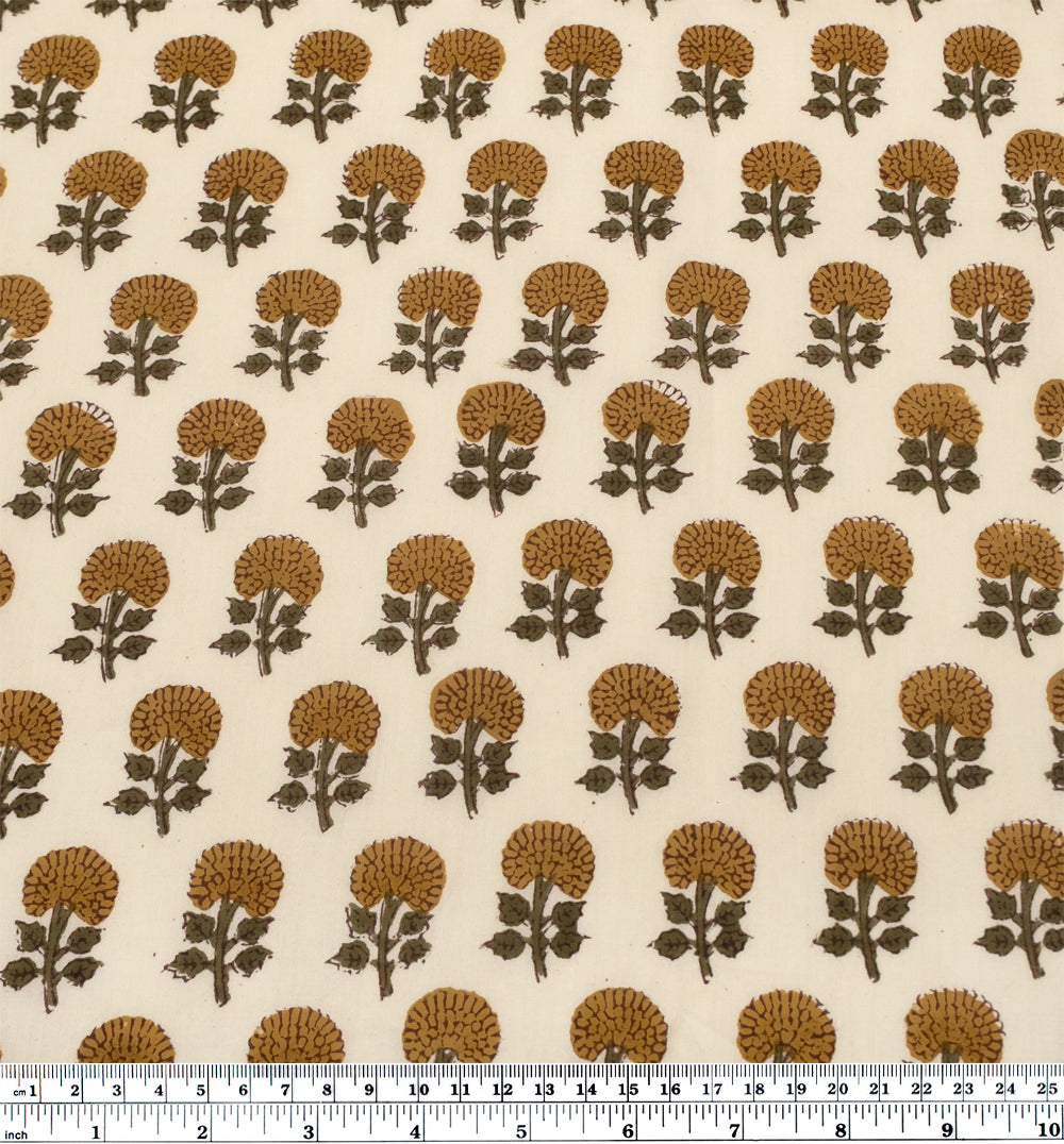 Bloom Block Printed Organic Cotton Batiste - Cream/Ochre/Kale | Blackbird Fabrics