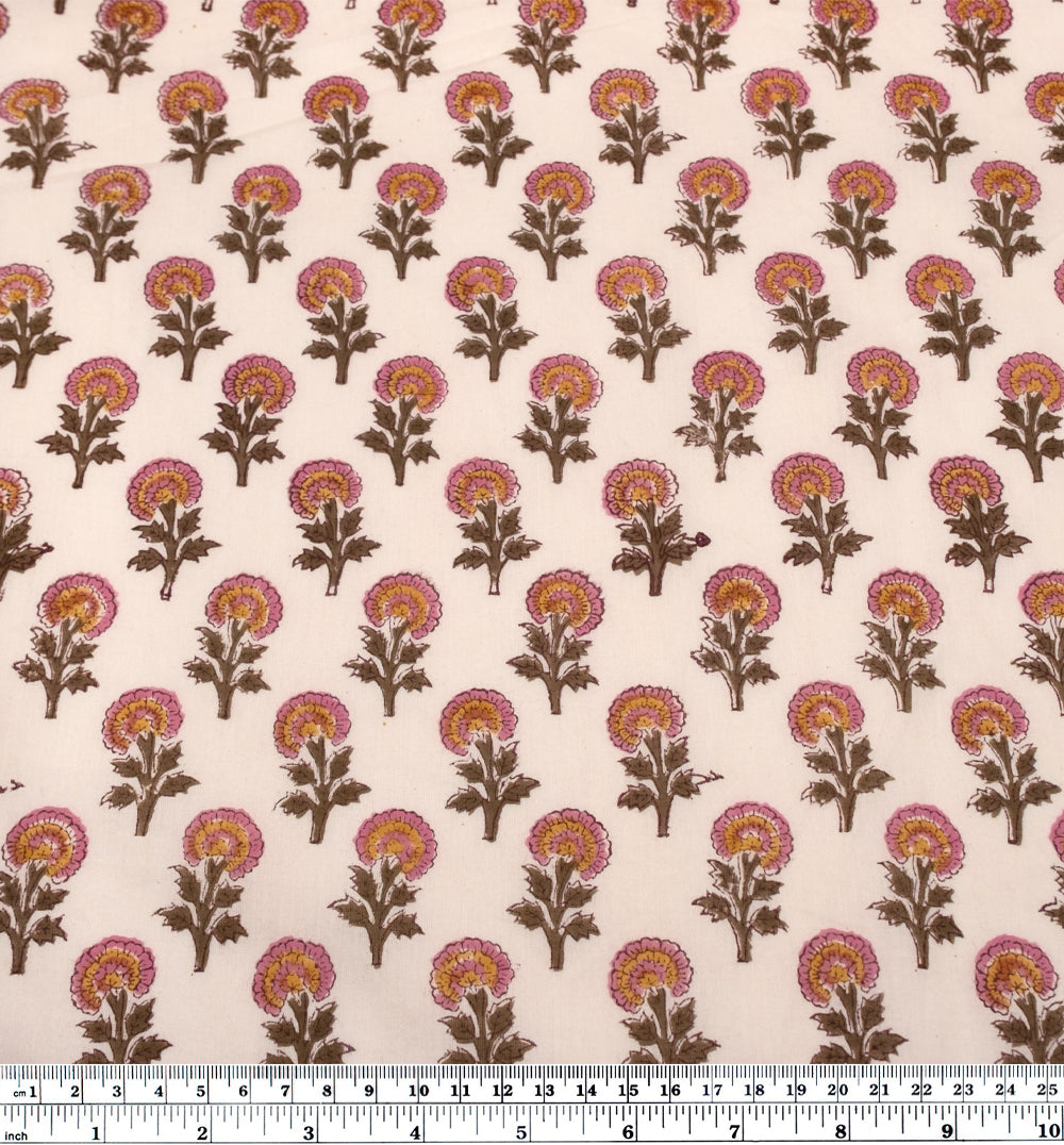 Bloom Block Printed Organic Cotton Batiste - Pale Pink/Candy Pink/Khaki | Blackbird Fabrics