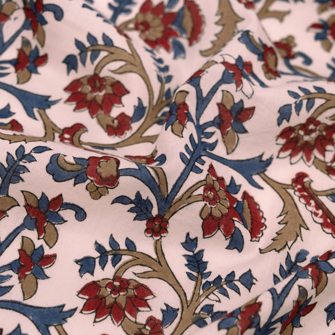 Vine Block Printed Organic Cotton Batiste - Pale Pink/Ocean/Crimson | Blackbird Fabrics