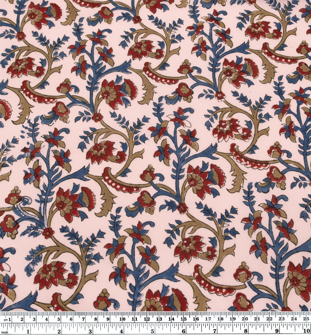 Vine Block Printed Organic Cotton Batiste - Pale Pink/Ocean/Crimson | Blackbird Fabrics