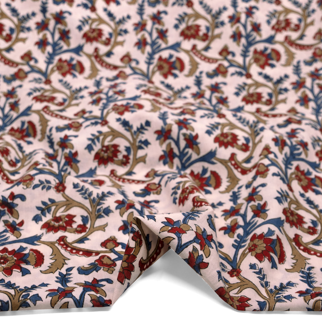Vine Block Printed Organic Cotton Batiste - Pale Pink/Ocean/Crimson | Blackbird Fabrics