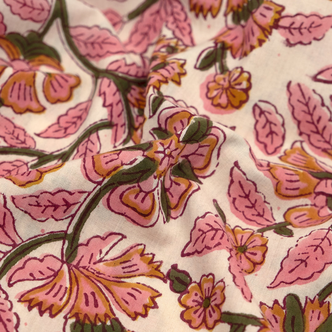 Tapestry Block Printed Organic Cotton Batiste - Ecru/Bubblegum/Kale | Blackbird Fabrics