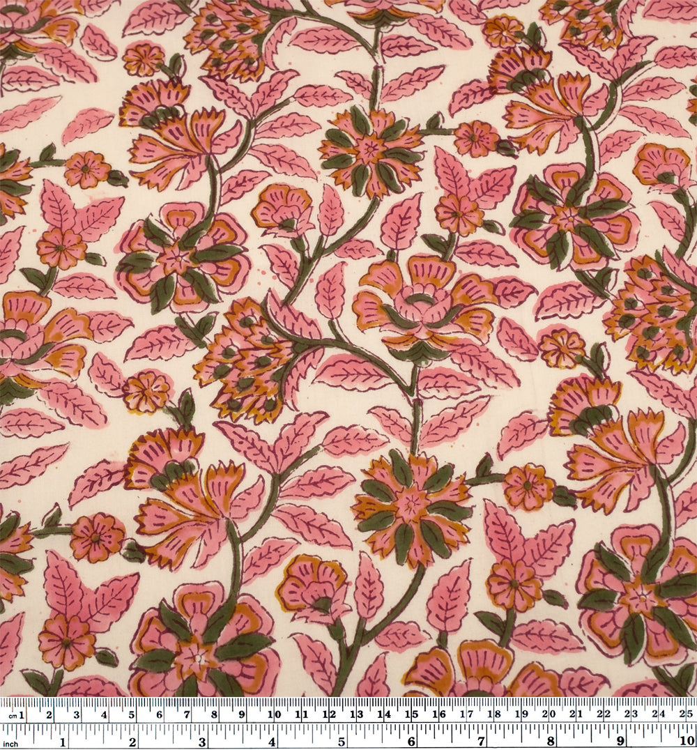 Tapestry Block Printed Organic Cotton Batiste - Ecru/Bubblegum/Kale | Blackbird Fabrics