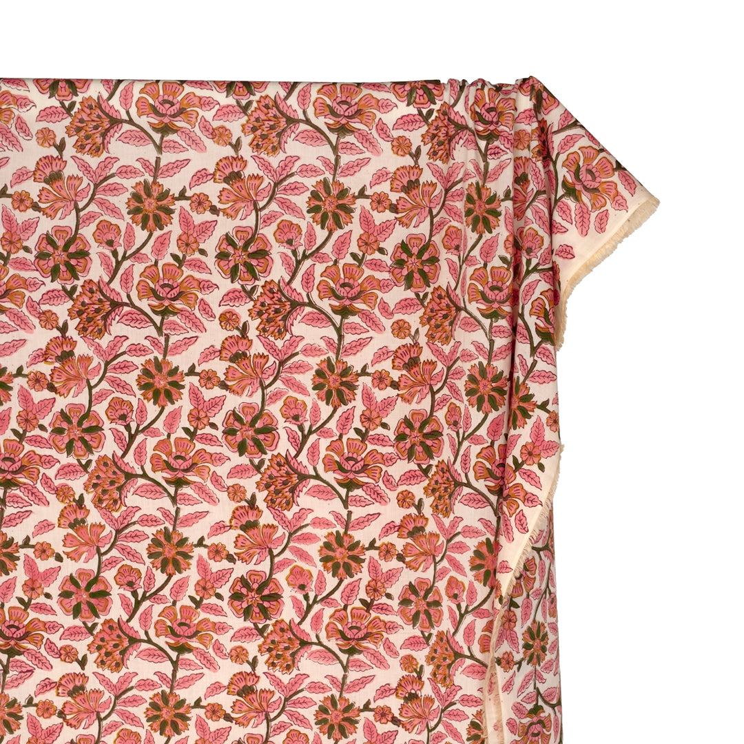 Tapestry Block Printed Organic Cotton Batiste - Ecru/Bubblegum/Kale | Blackbird Fabrics