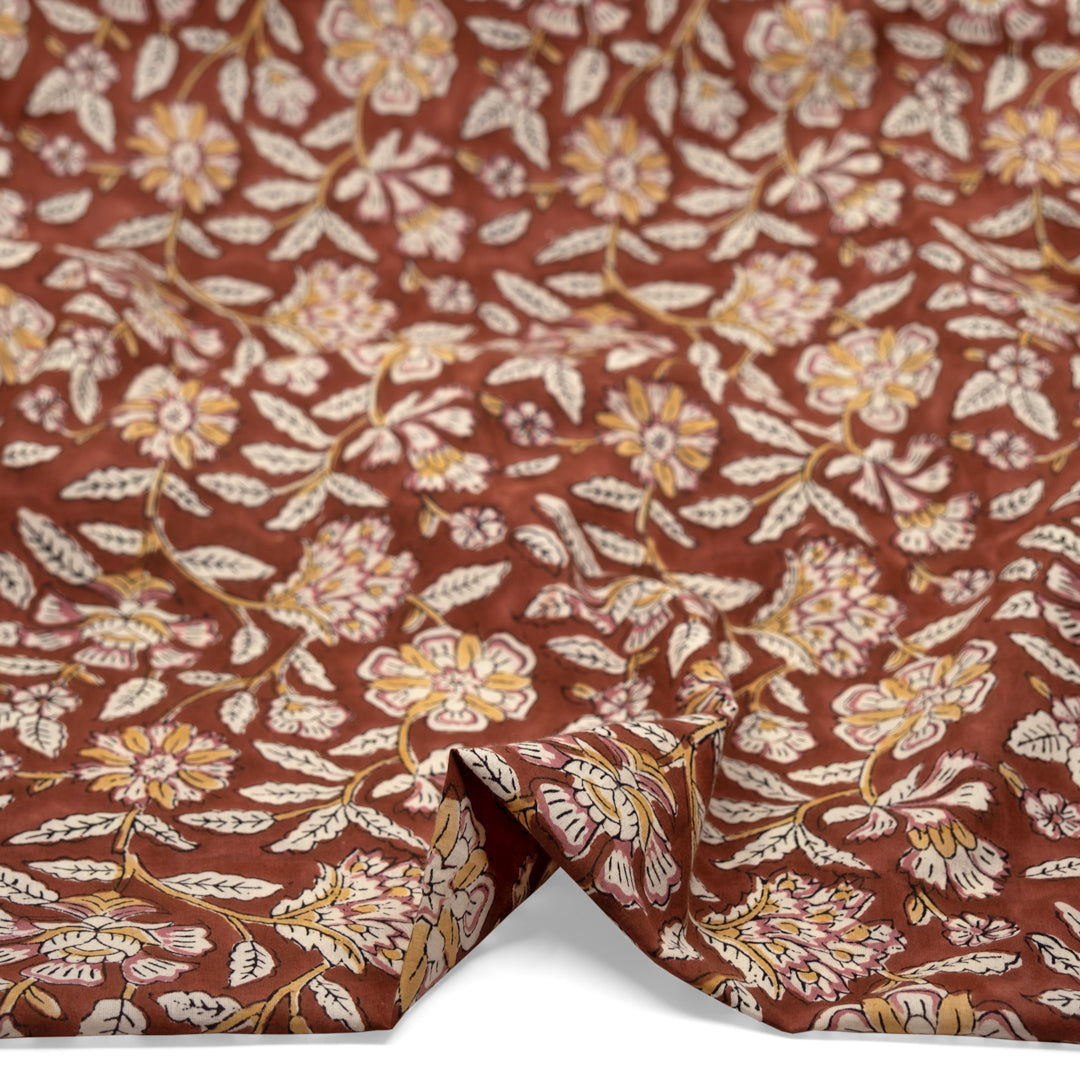 Tapestry Block Printed Organic Cotton Batiste - Pecan/Cream/Rosette | Blackbird Fabrics