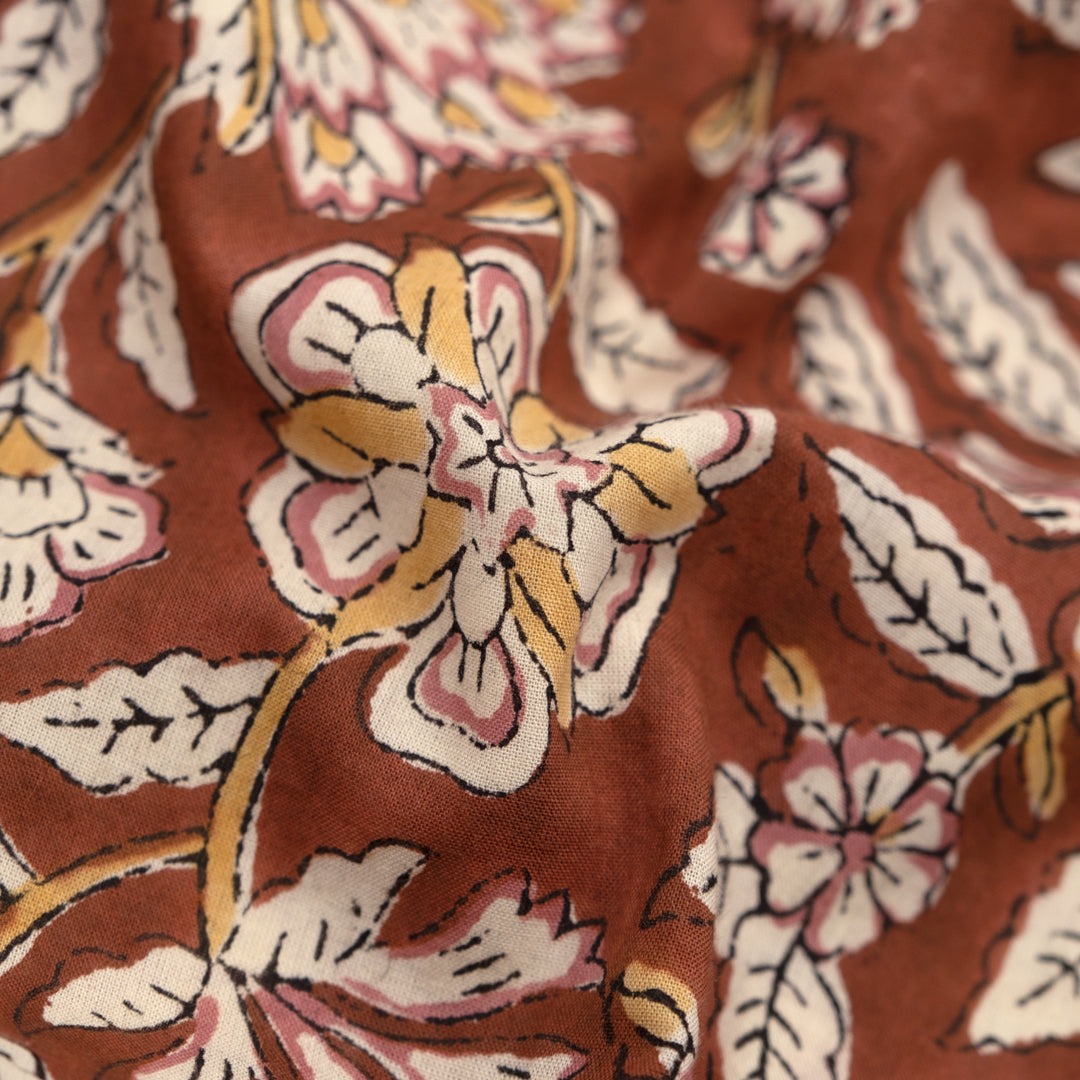 Tapestry Block Printed Organic Cotton Batiste - Pecan/Cream/Rosette | Blackbird Fabrics
