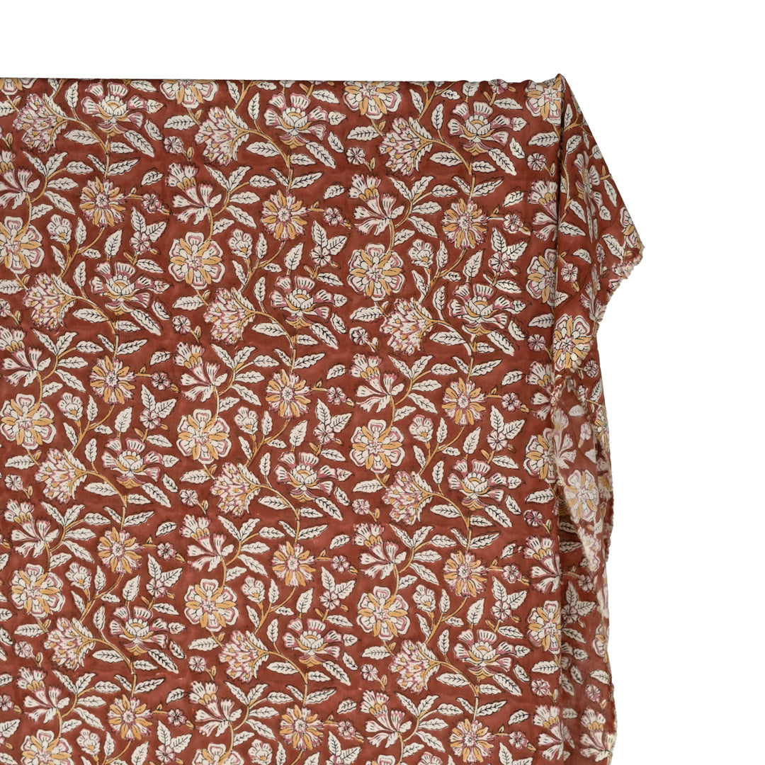 Tapestry Block Printed Organic Cotton Batiste - Pecan/Cream/Rosette | Blackbird Fabrics