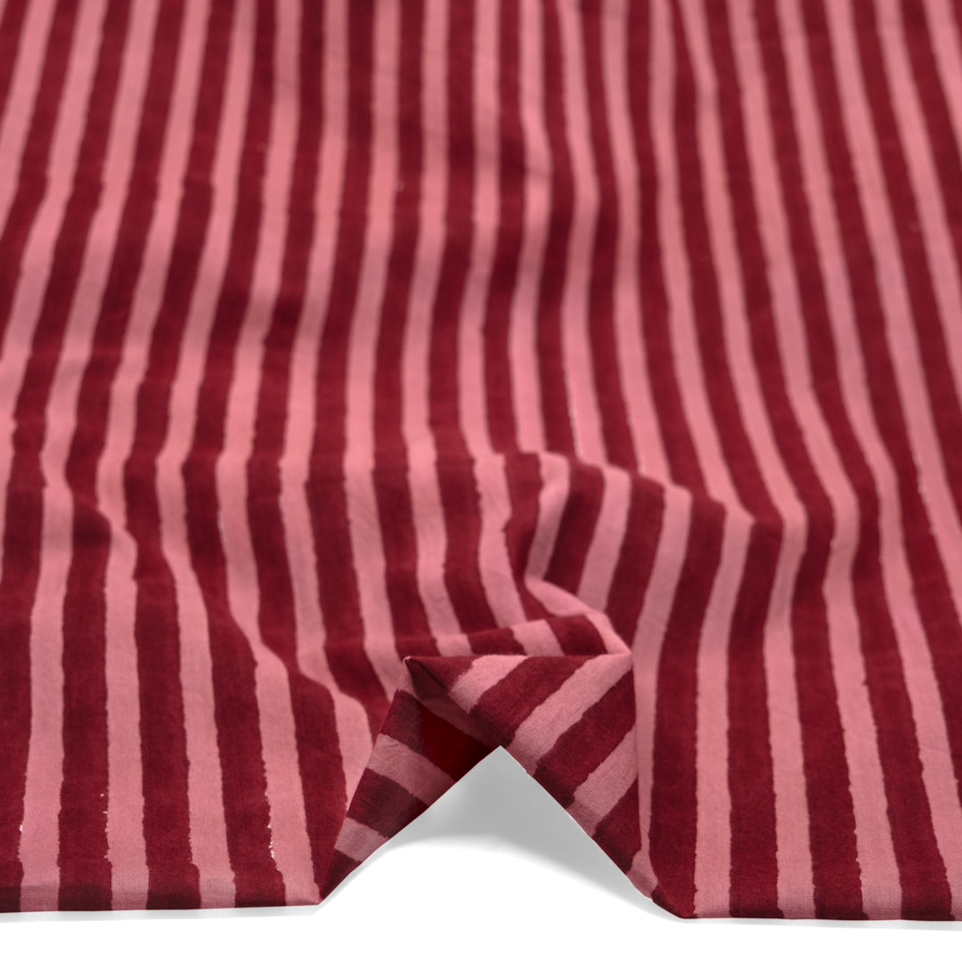 Stripe Block Printed Organic Cotton Batiste - Cranberry/Dusty Rose | Blackbird Fabrics
