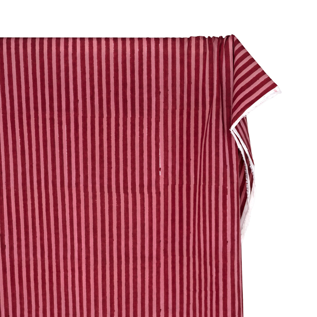 Stripe Block Printed Organic Cotton Batiste - Cranberry/Dusty Rose | Blackbird Fabrics